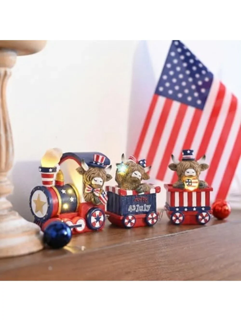 Patriotic 4th of July Highland Cow Train Decor - LED Lighted Home Decorations